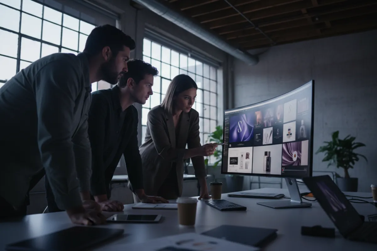 Creative operations team reviewing campaign assets on a large monitor in a bright studio environment