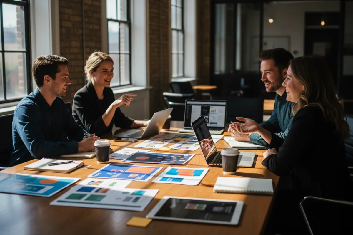 Agency review meeting with creative assets on a table