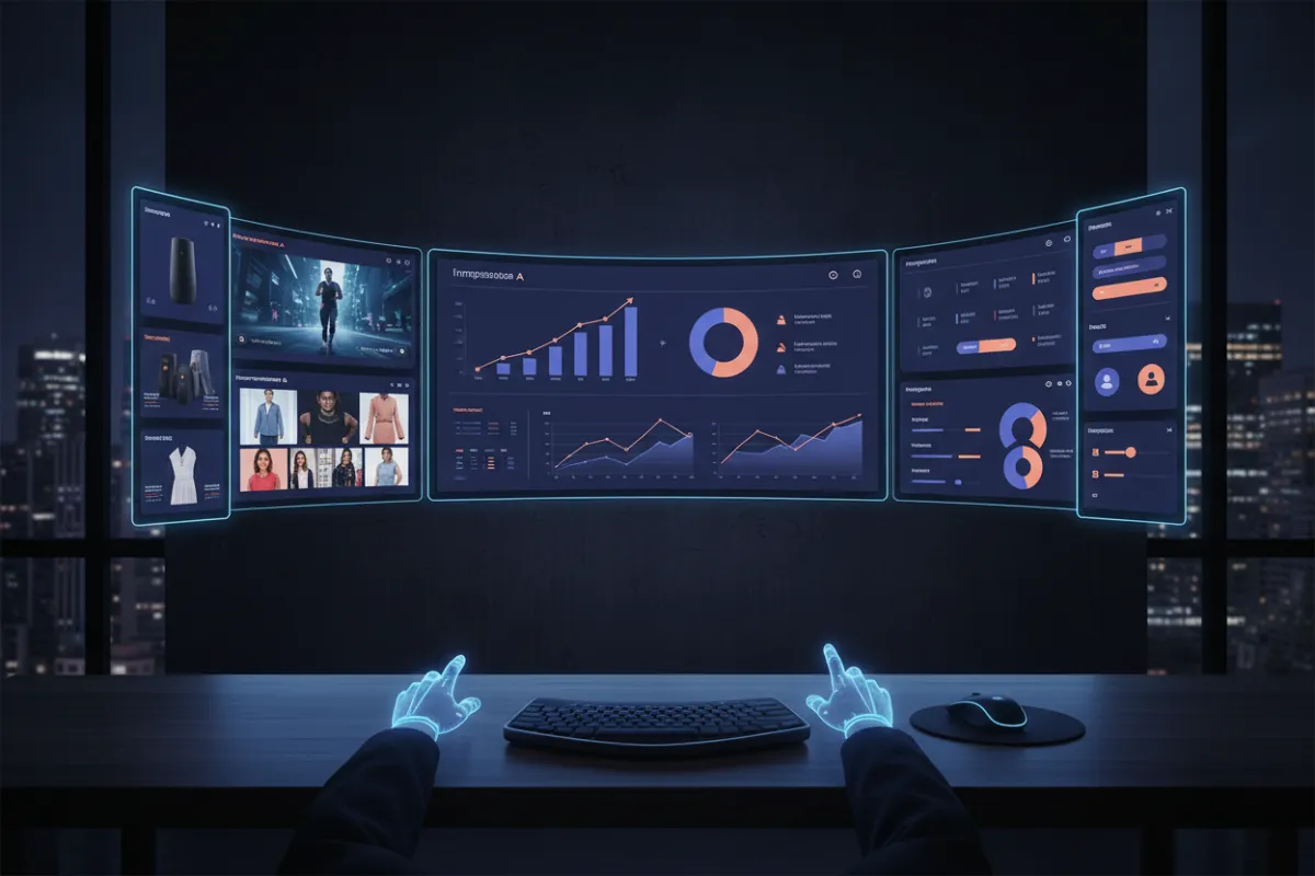 Paid media dashboards and ad creative previews in a modern workspace