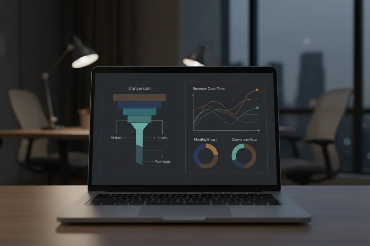 Close-up of analytic dashboards on a laptop showing conversion funnels and revenue graphs in a modern office setting, muted tones.