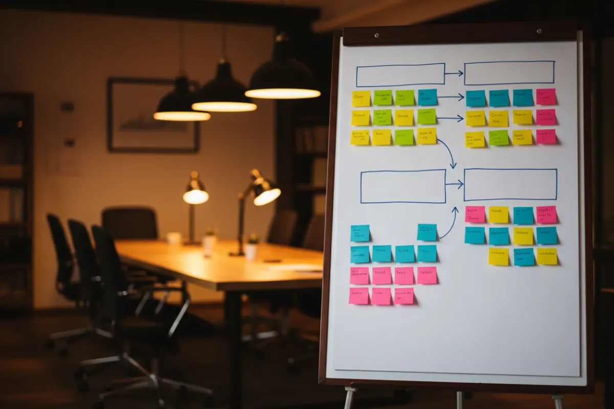 Editorial image of a whiteboard strategy session with sticky notes and charts, shallow depth of field, warm office lighting to suggest tactical planning.