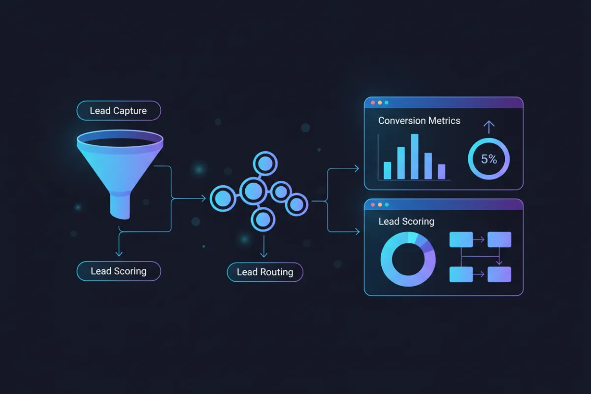 Illustration of lead flow diagrams and CRM screens showing lead scoring, routing, and conversion metrics, modern UI-focused style.