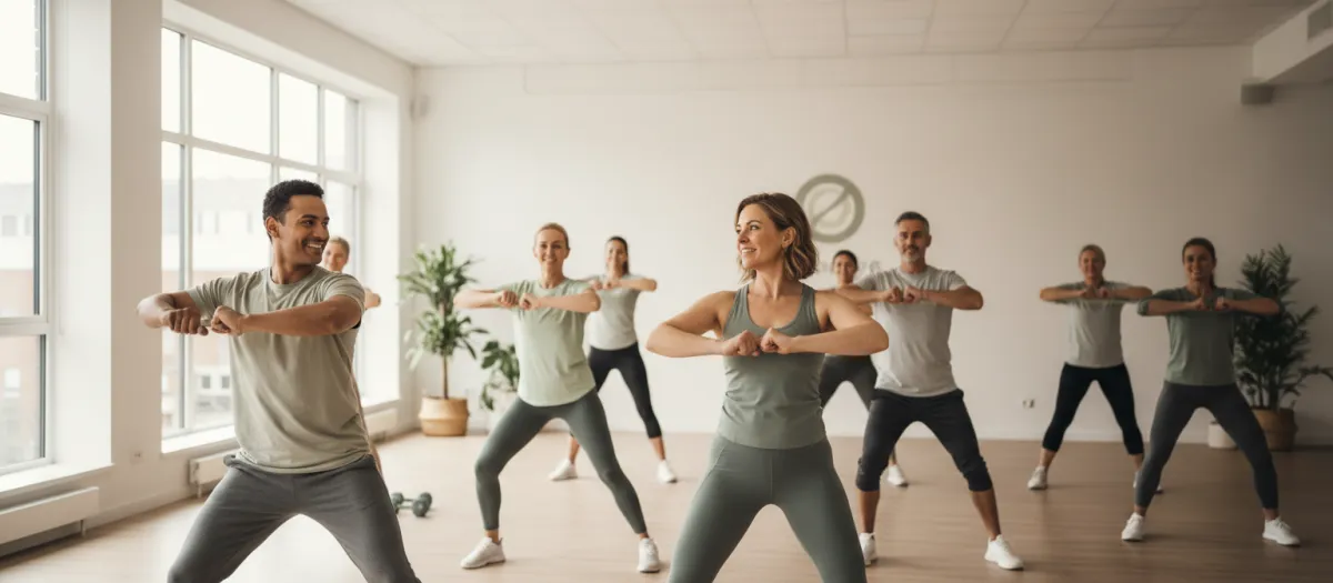 Realistic photo of diverse adults working out together in a bright studio, smiling and encouraging each other