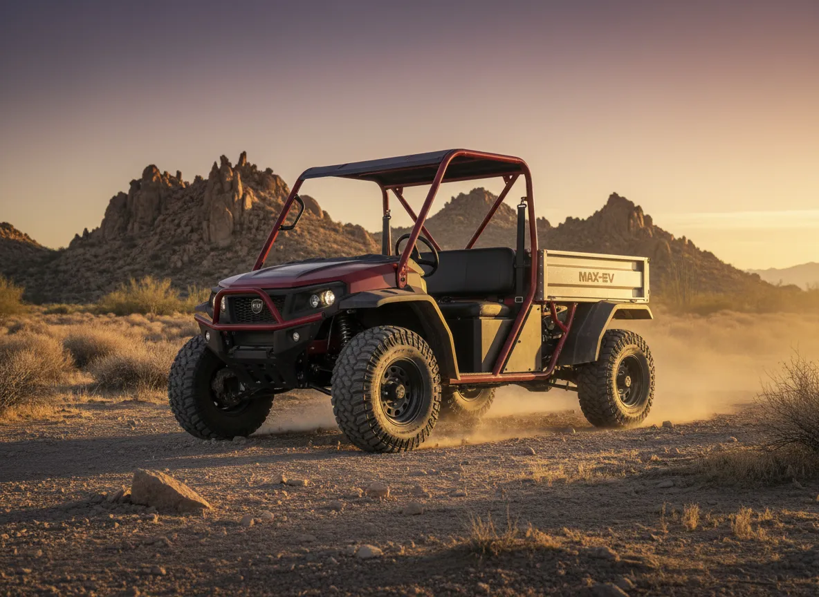 Westward Industries MAX-EV ORV off-road electric vehicle with knobby tires and dump bed Cowboy Carts Arizona