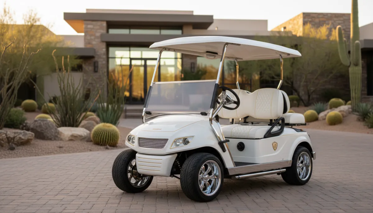 Luxury golf cart parked at an upscale Arizona property