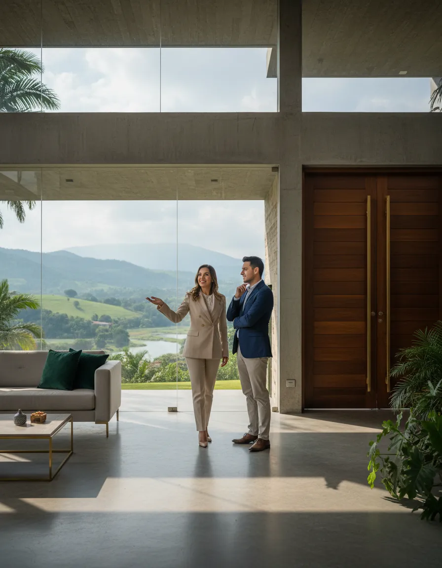 Agente inmobiliaria mostrando propiedad de lujo a cliente