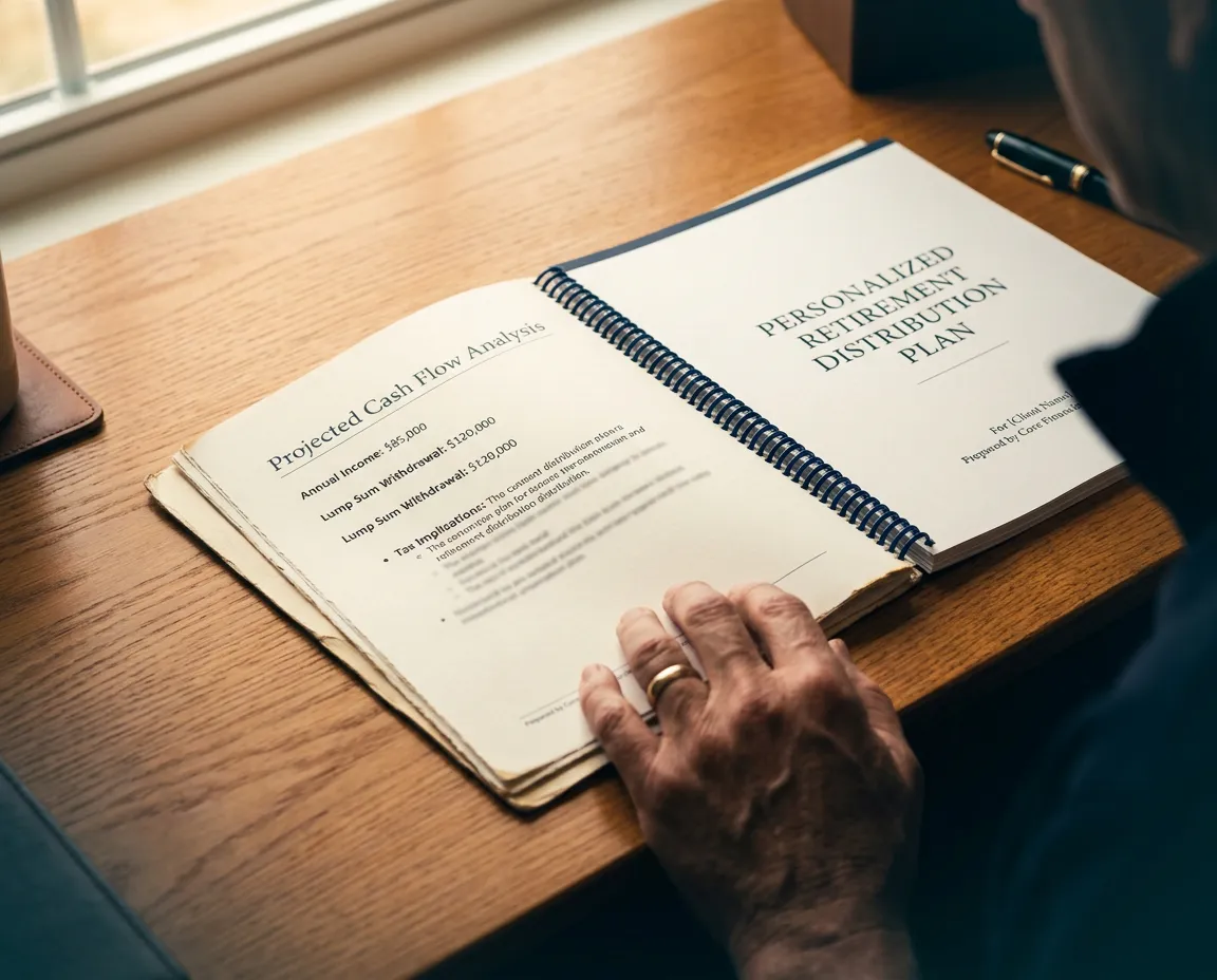 A structured, tangible written retirement distribution plan document resting on a desk