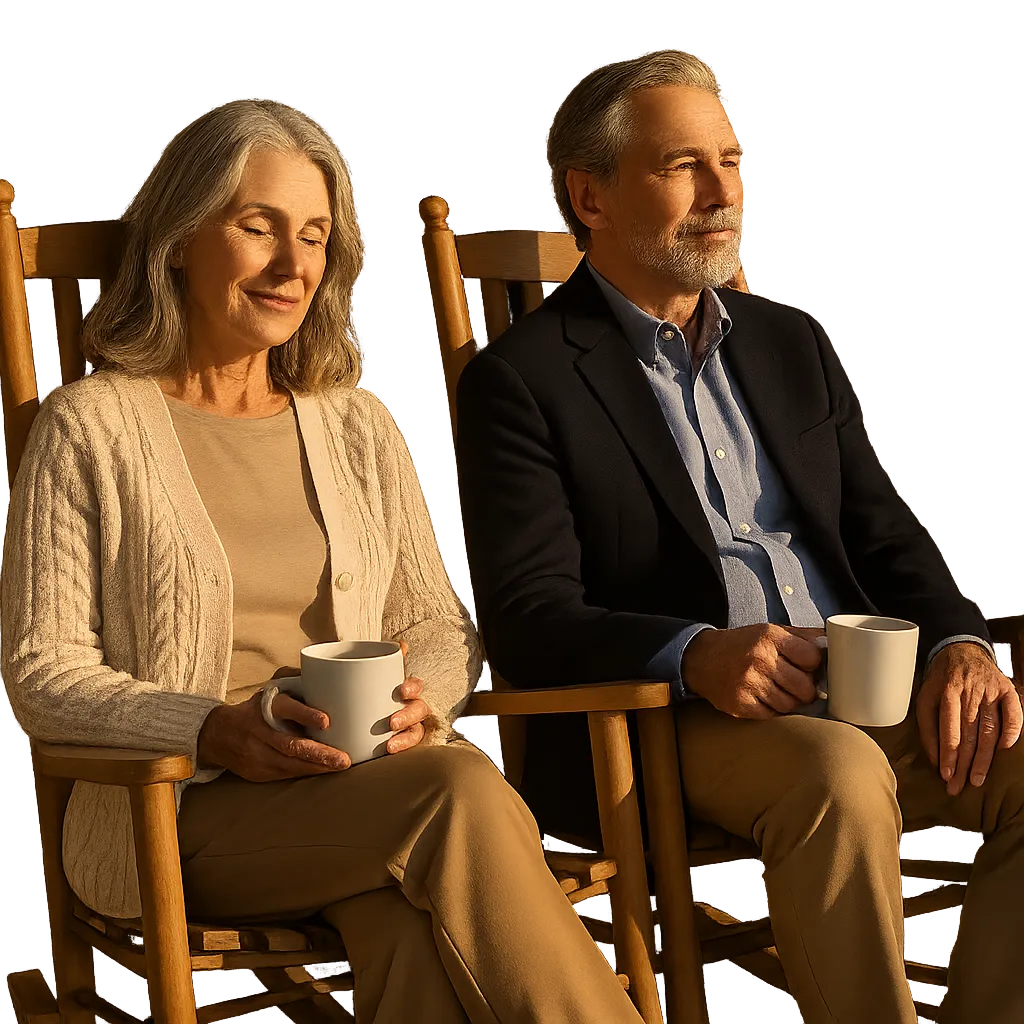 Serene couple walking in peaceful nature, representing secure and calm retirement lifestyle