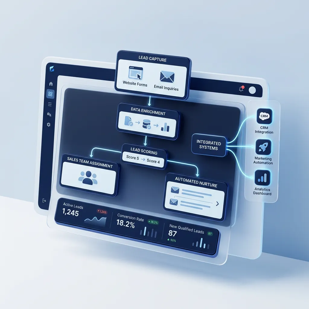 Automated business lead management workflow and system connectivity dashboard