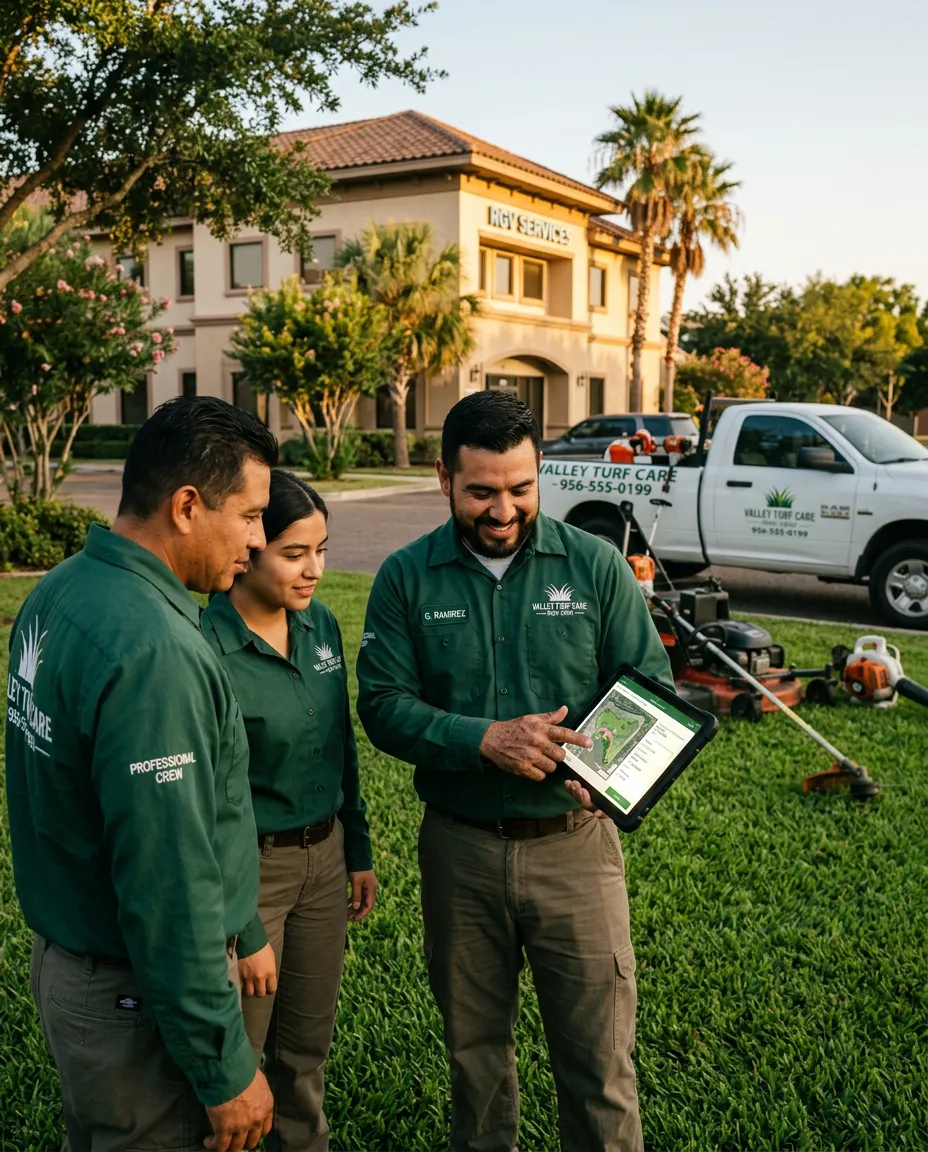 Commercial lawn service crew conducting professional turf maintenance and digital property inspection
