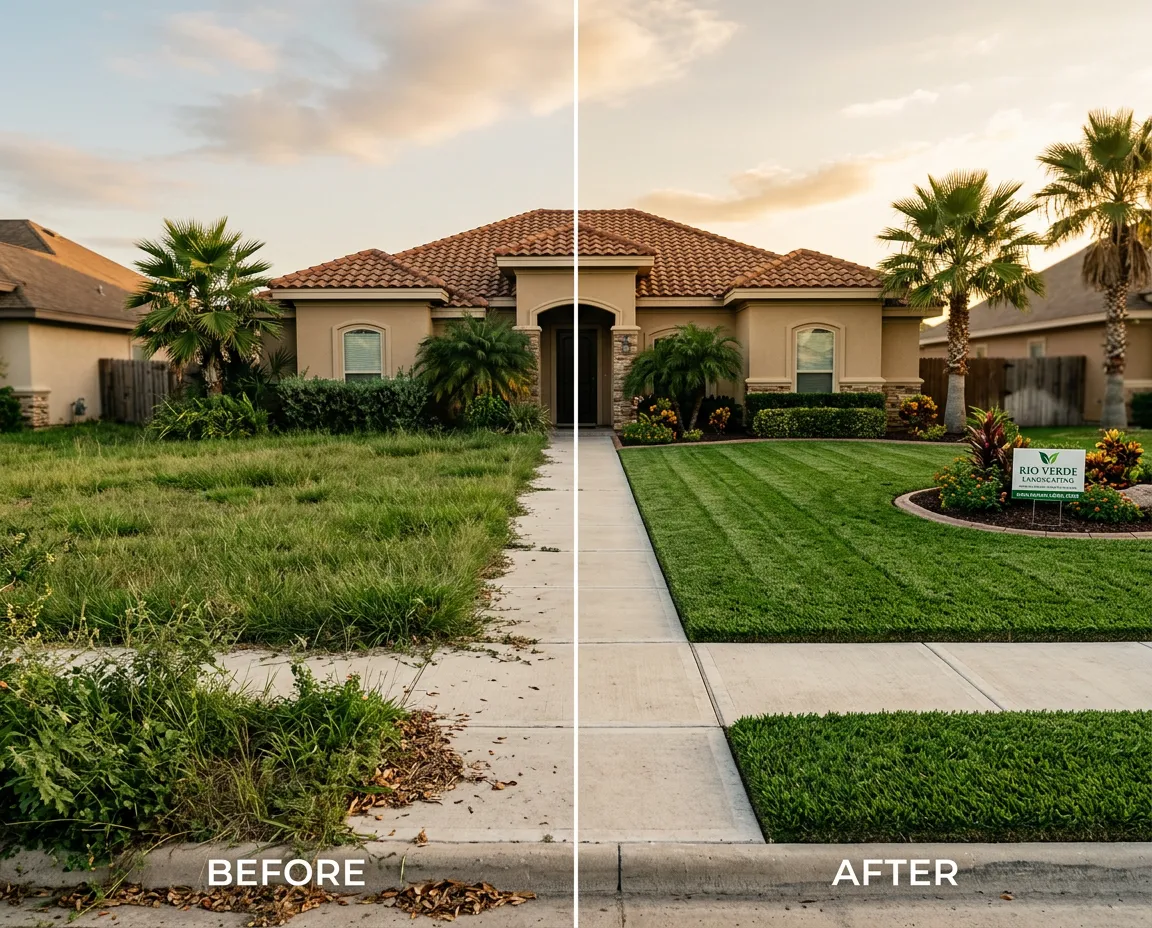 Before and after precision mowing and edging transformation in McAllen