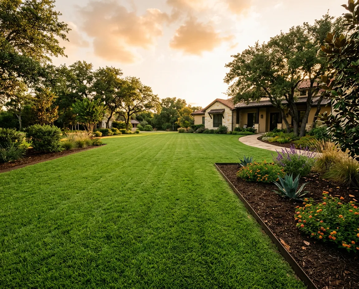 Lush manicured South Texas residential lawn in the Rio Grande Valley with healthy green turf and clean landscape edging