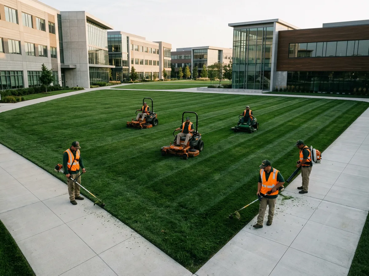 Commercial lawn mowing crew maintaining corporate turf perimeter