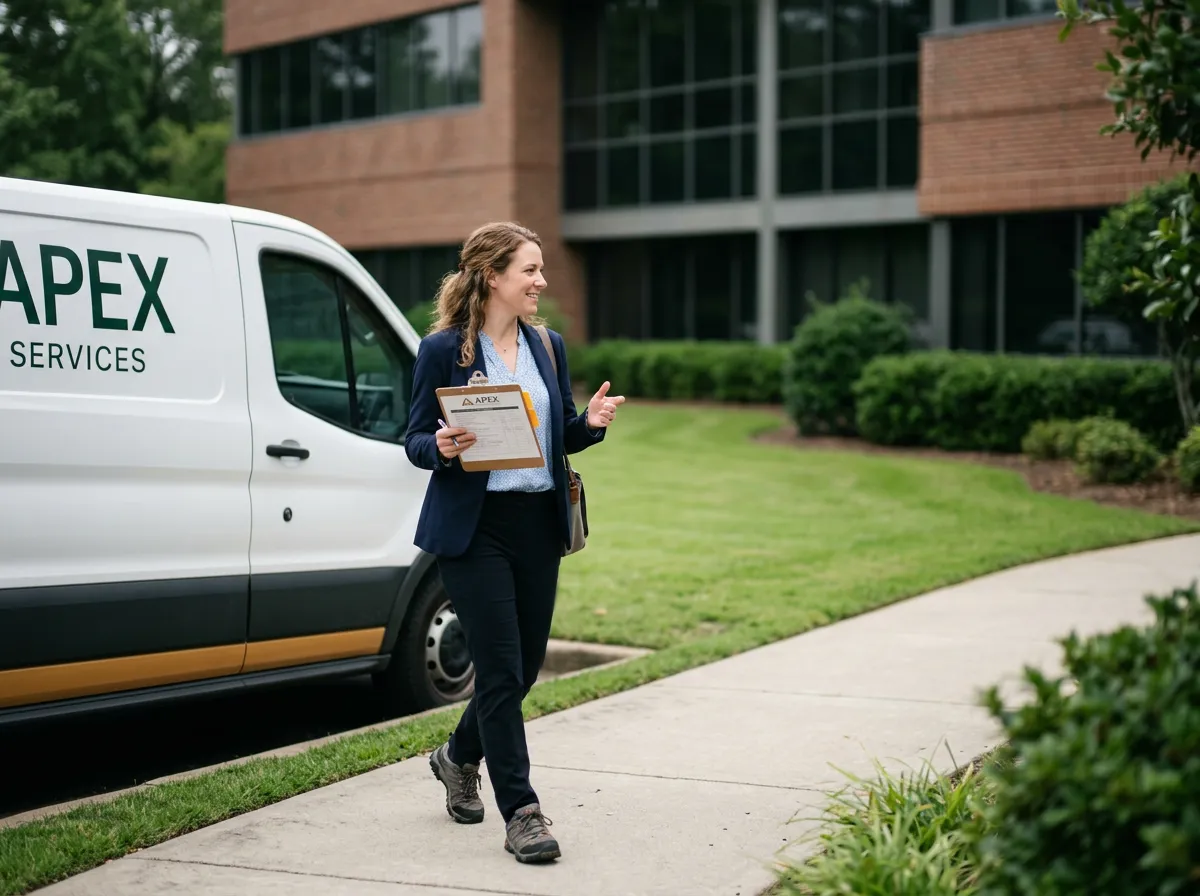 Commercial account manager conducting an on-site property walkthrough inspection