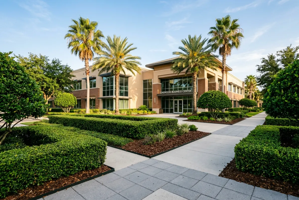 Pristine medical facility landscaping and manicured corporate grounds