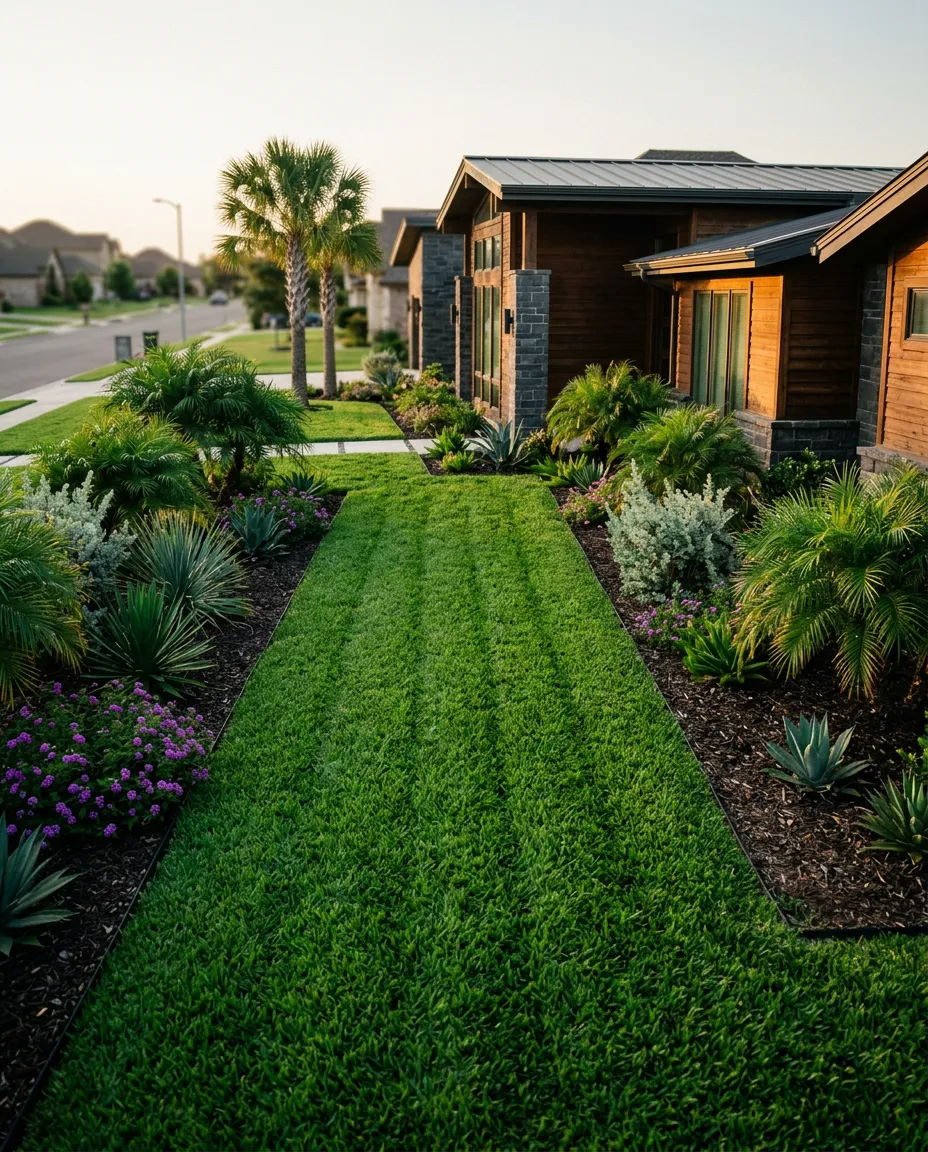 Immaculately manicured South Texas residential yard with lush St. Augustine turf and native Rio Grande Valley palms bathed in warm sunlight
