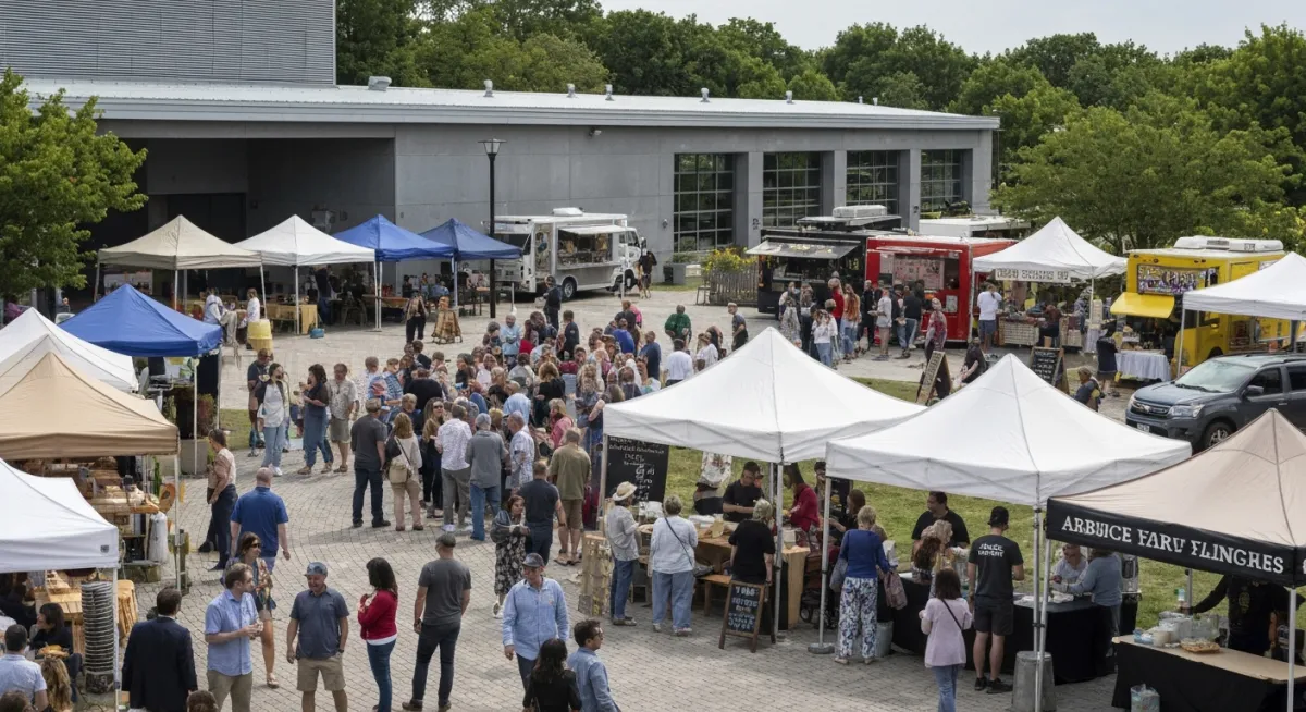 Large outdoor festival with a food truck, crowds of people, and open green space
