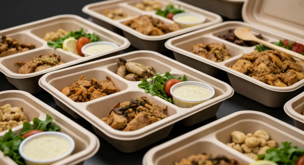 Close up of an open catering box with wraps, sandwiches, and a side of pasta salad
