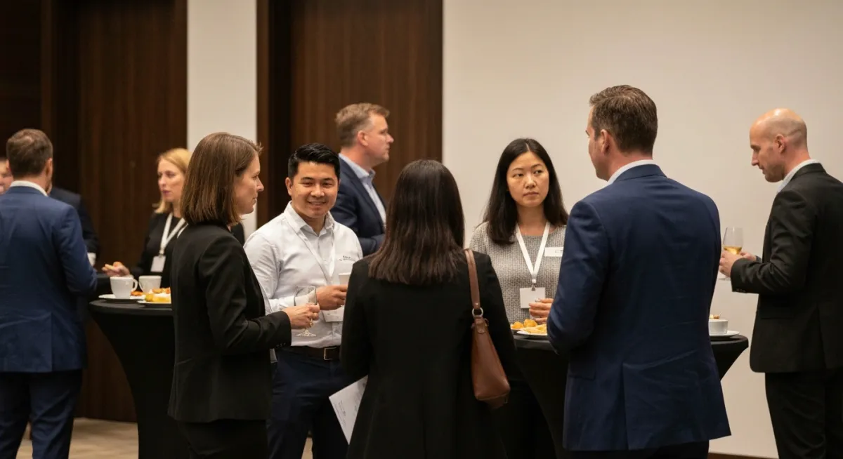 Corporate group in business casual attire smiling and conversing with plates of food