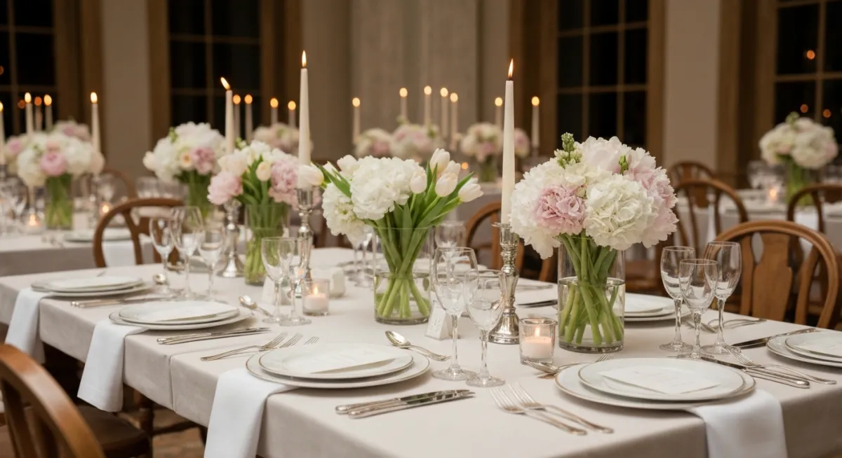 Elegant wedding reception table setting with candles, floral centerpieces, and string lights