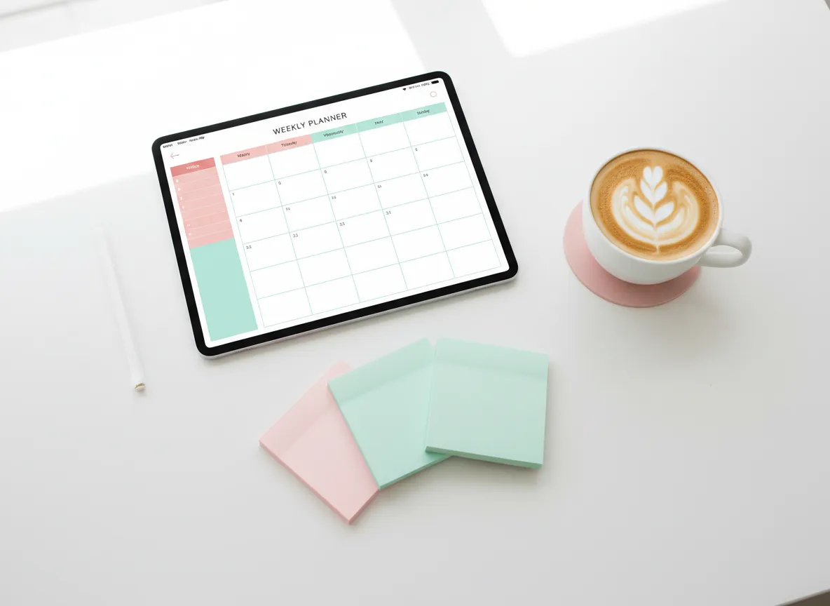Digital planner open on tablet with pastel layout