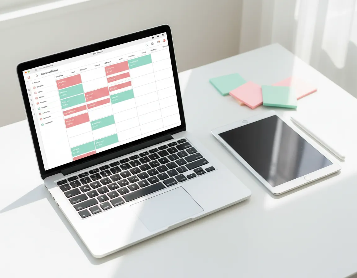 Laptop showing content calendar and digital planner