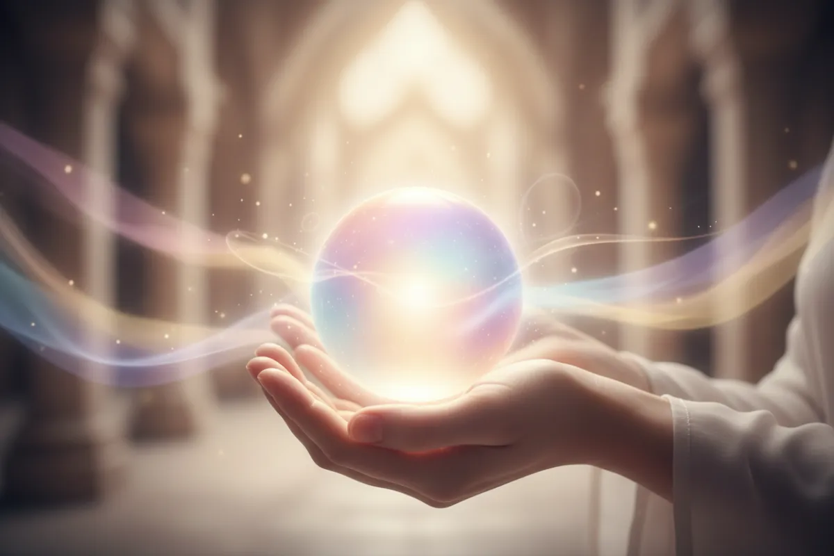 A close-up of hands gently holding a glowing orb, with soft pastel light radiating outward. The background is blurred, suggesting a peaceful, sacred space. The image conveys invitation, care, and the nurturing of new beginnings, distinct from all other images in the funnel.