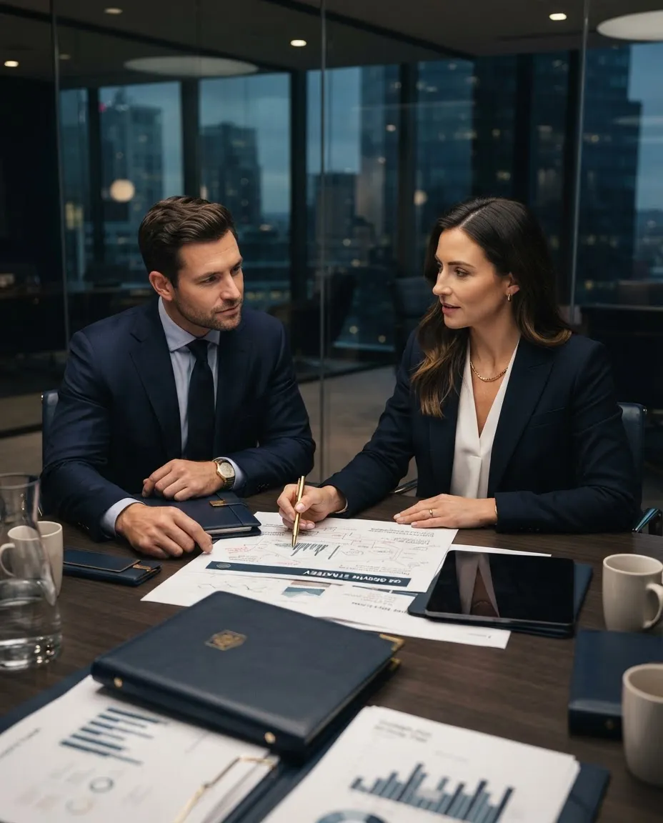 Executive consultation meeting showing strategic leadership advisory session in modern boardroom