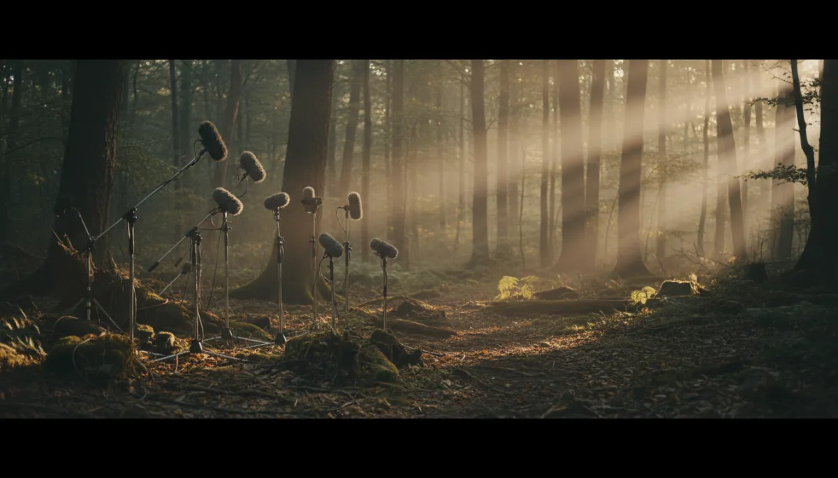Microphones set up in a dense forest
