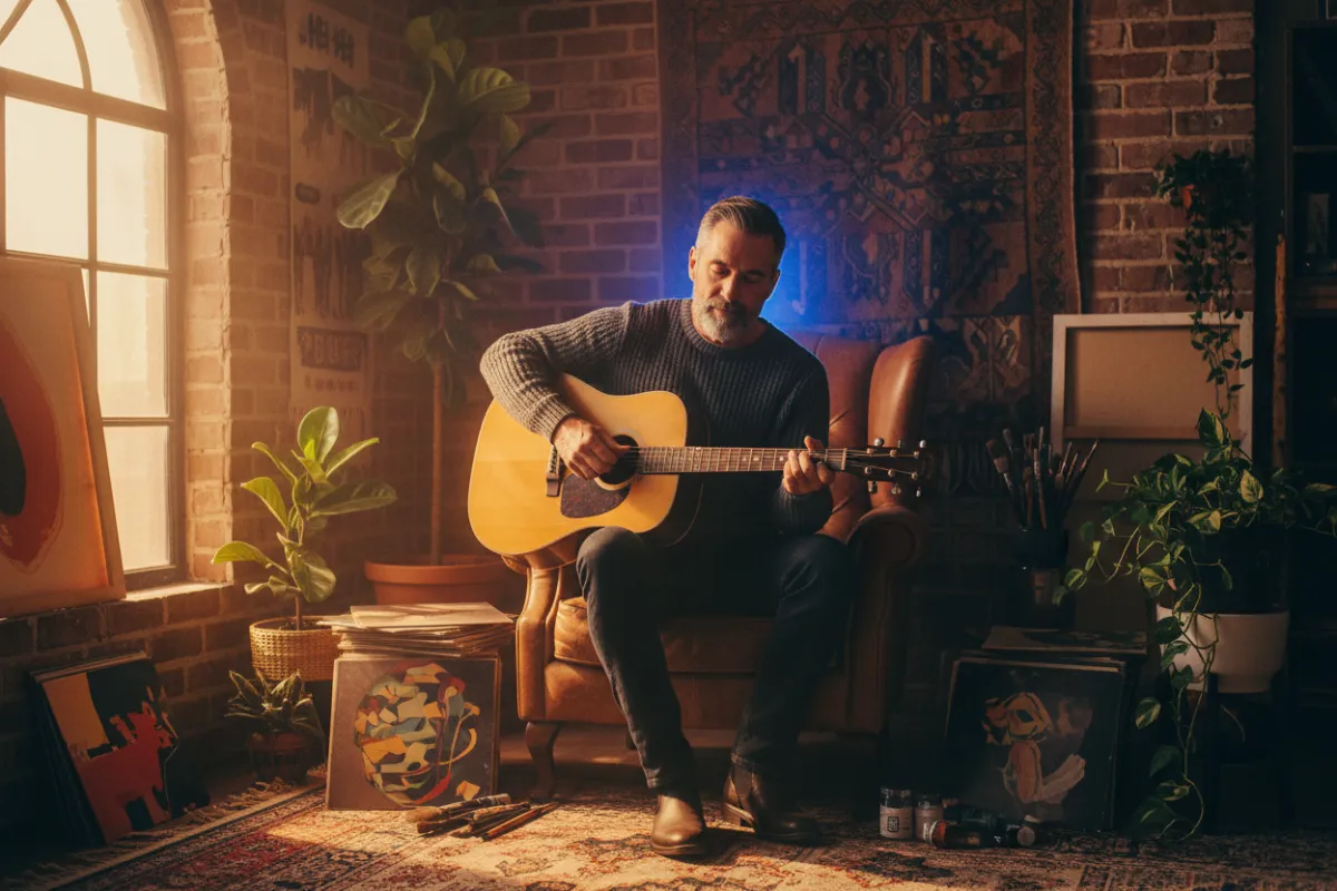 A mature creative individual playing music in a warm, textured studio environment