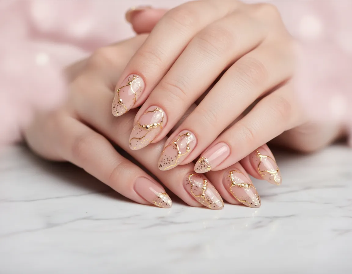 Detalle de uñas con pedrería dorada