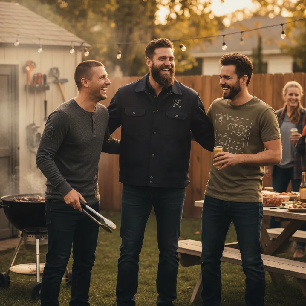 Group of friends off the clock in branded apparel