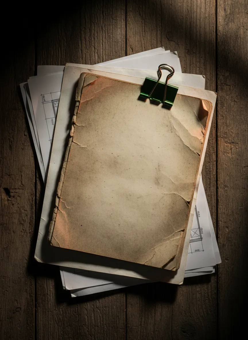 Gritty image of dirty notebook on top of architectural blueprints