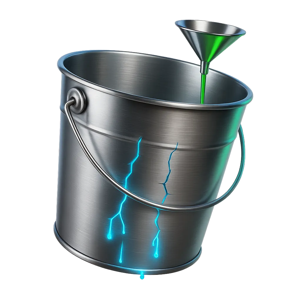 Silver Bucket Visualizer - sleek brushed silver bucket icon with glowing blue liquid escaping and vibrant green liquid caught in a precision funnel