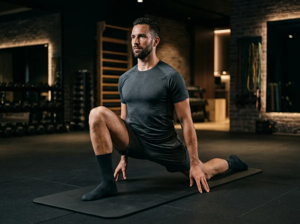 Keystone Protocol — standard 90/90 hip stretch with upright posture (male model)