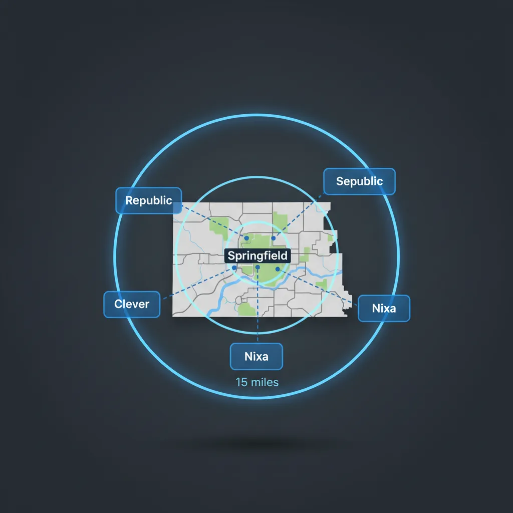 Community Radius Map showing 15-mile delivery zone around Springfield