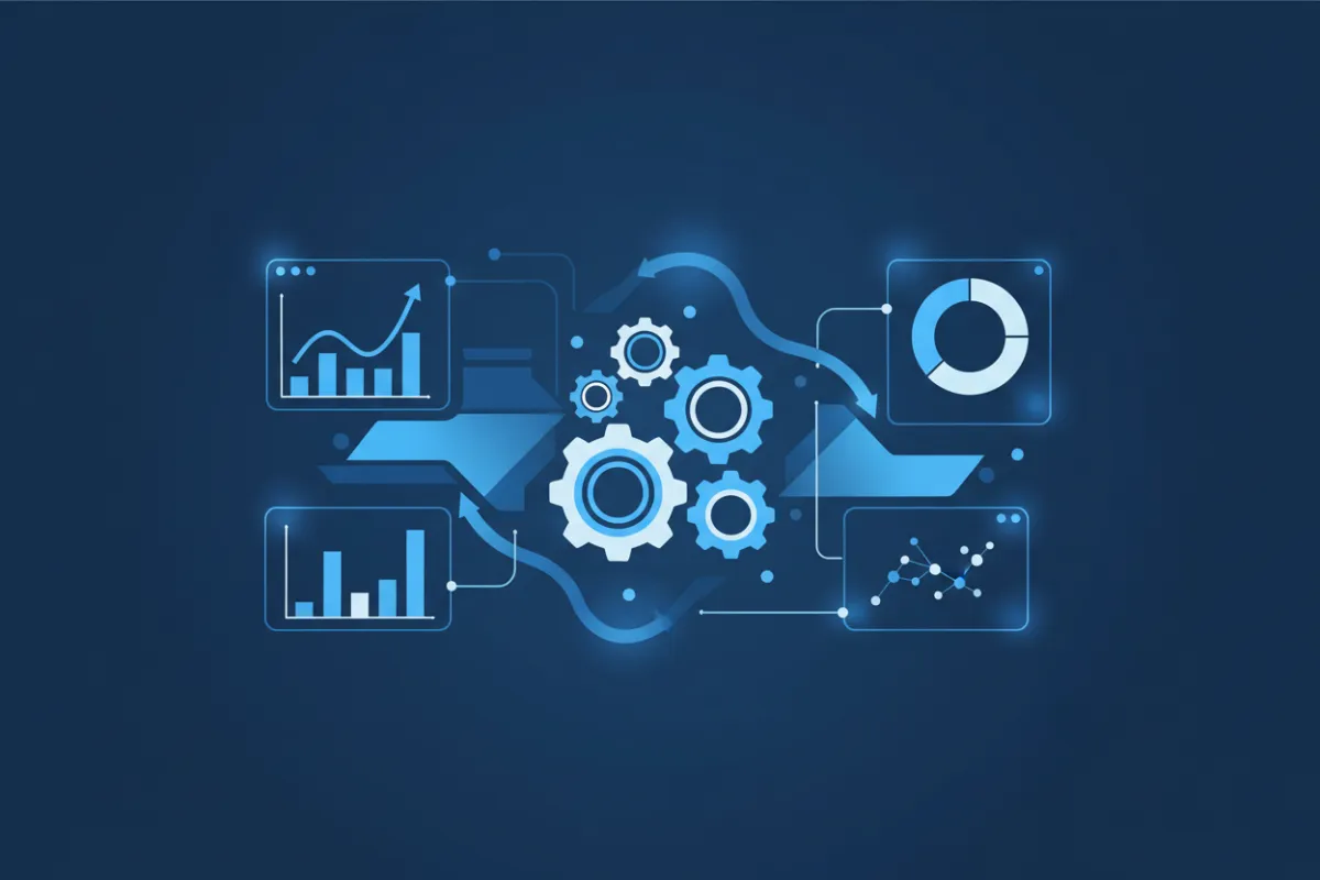 Vector scene showing data charts and gears representing data processing, with a blue and white palette. The setting is a digital dashboard interface, no people, emphasizing analytics and secure data flow.