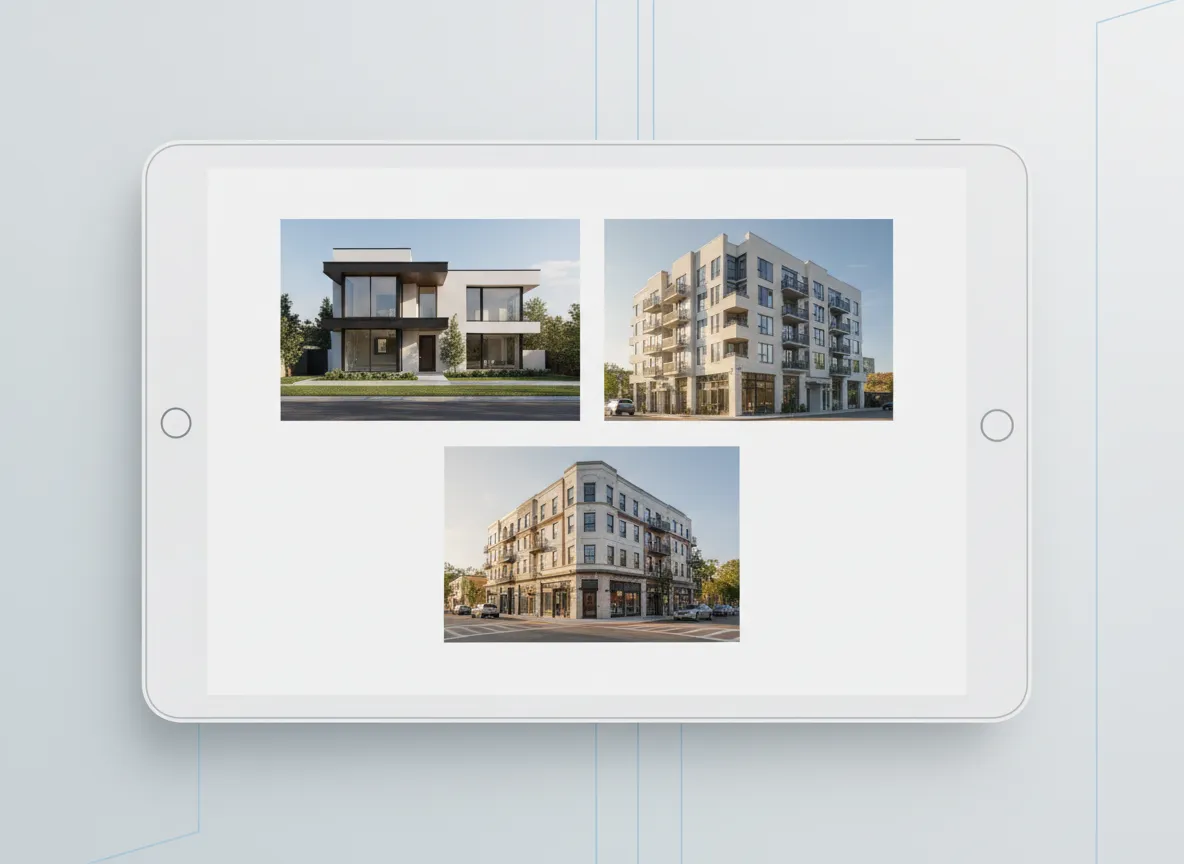 Modern investment properties shown in a clean real estate portfolio layout