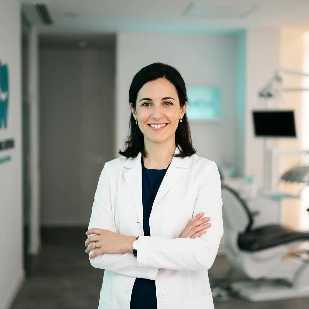 Retrato profesional de la especialista en rehabilitación oral y estética dental