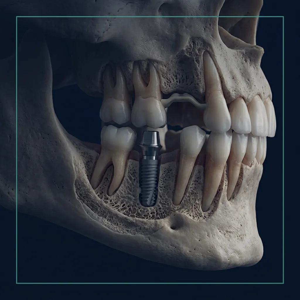 Fotografía clínica de alta resolución que ilustra la estructura ósea y dental con precisión médica