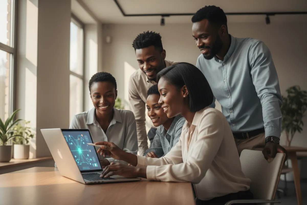 Diverse executive assistants collaborating in a modern office