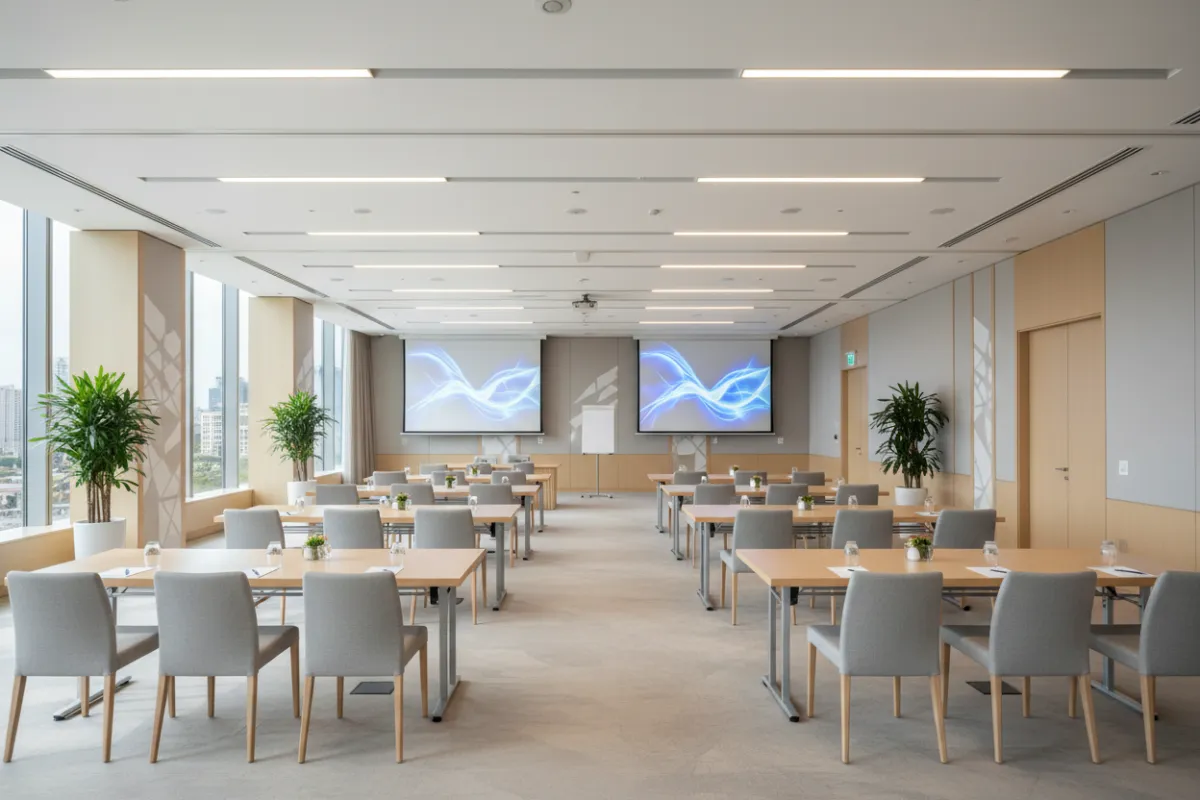 Hotel conference room set up for an event, bright modern design