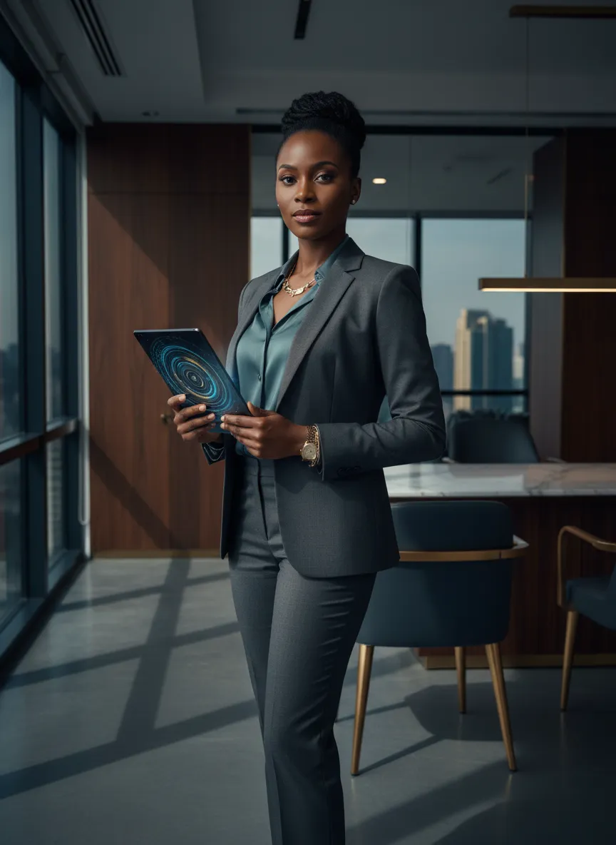 African executive assistant confidently using a tablet in a corporate setting