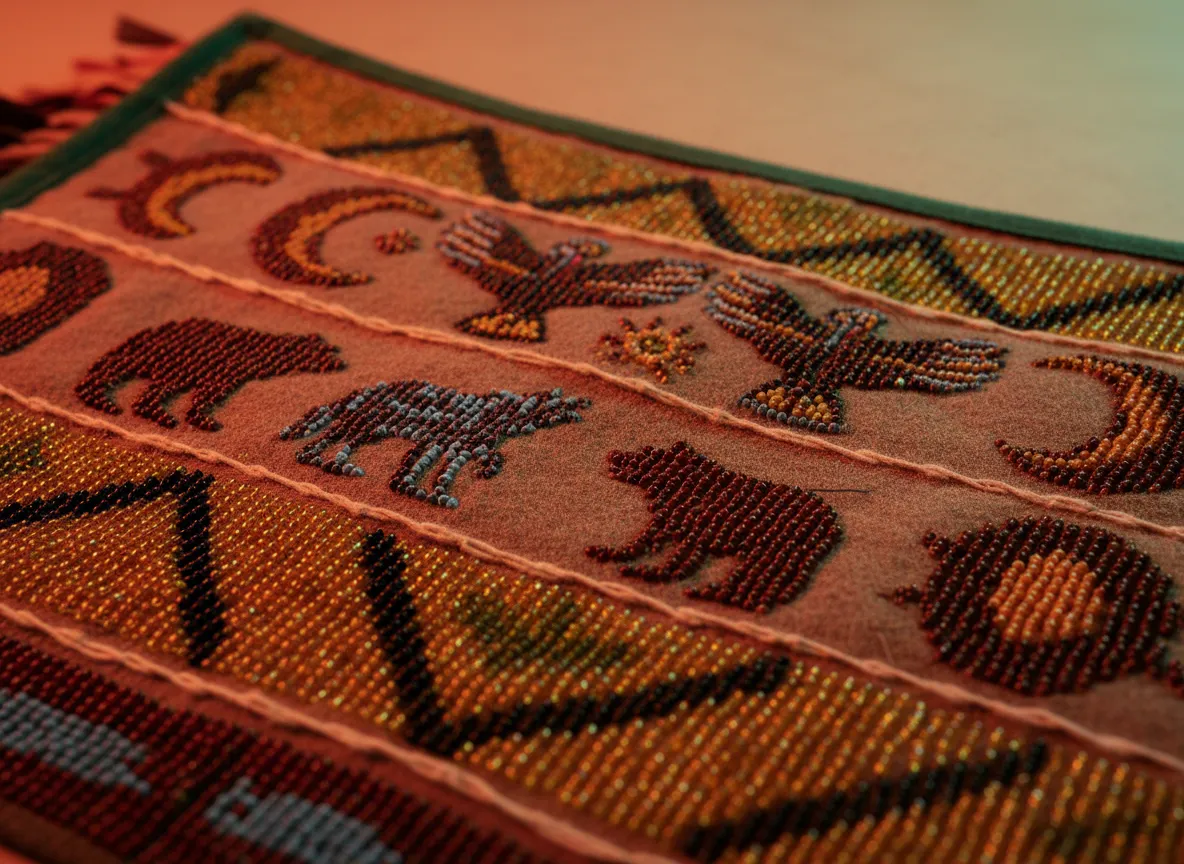 Close up of beadwork and symbols on traditional regalia