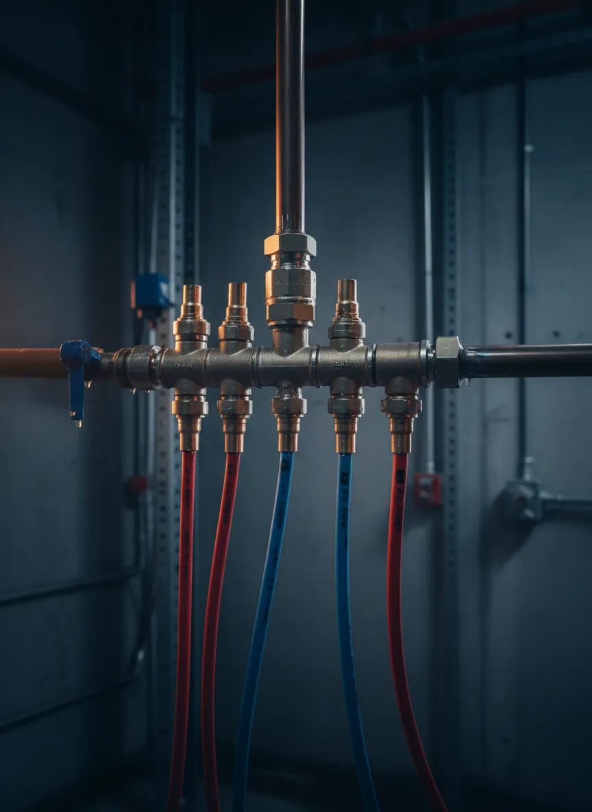 Disconnected PEX pipes in a cold mechanical room