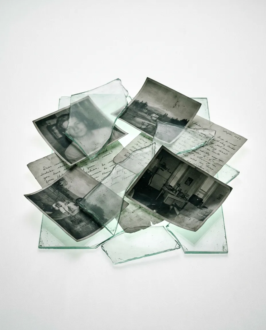 Desaturated high-grain conceptual view of fragmented digital files and fading personal archival records