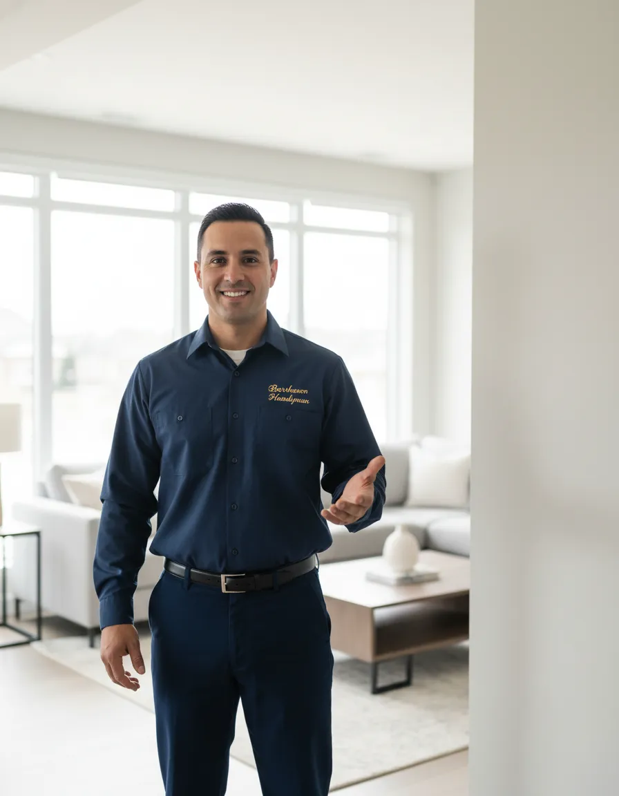 Friendly professional handyman standing in a beautifully maintained home.