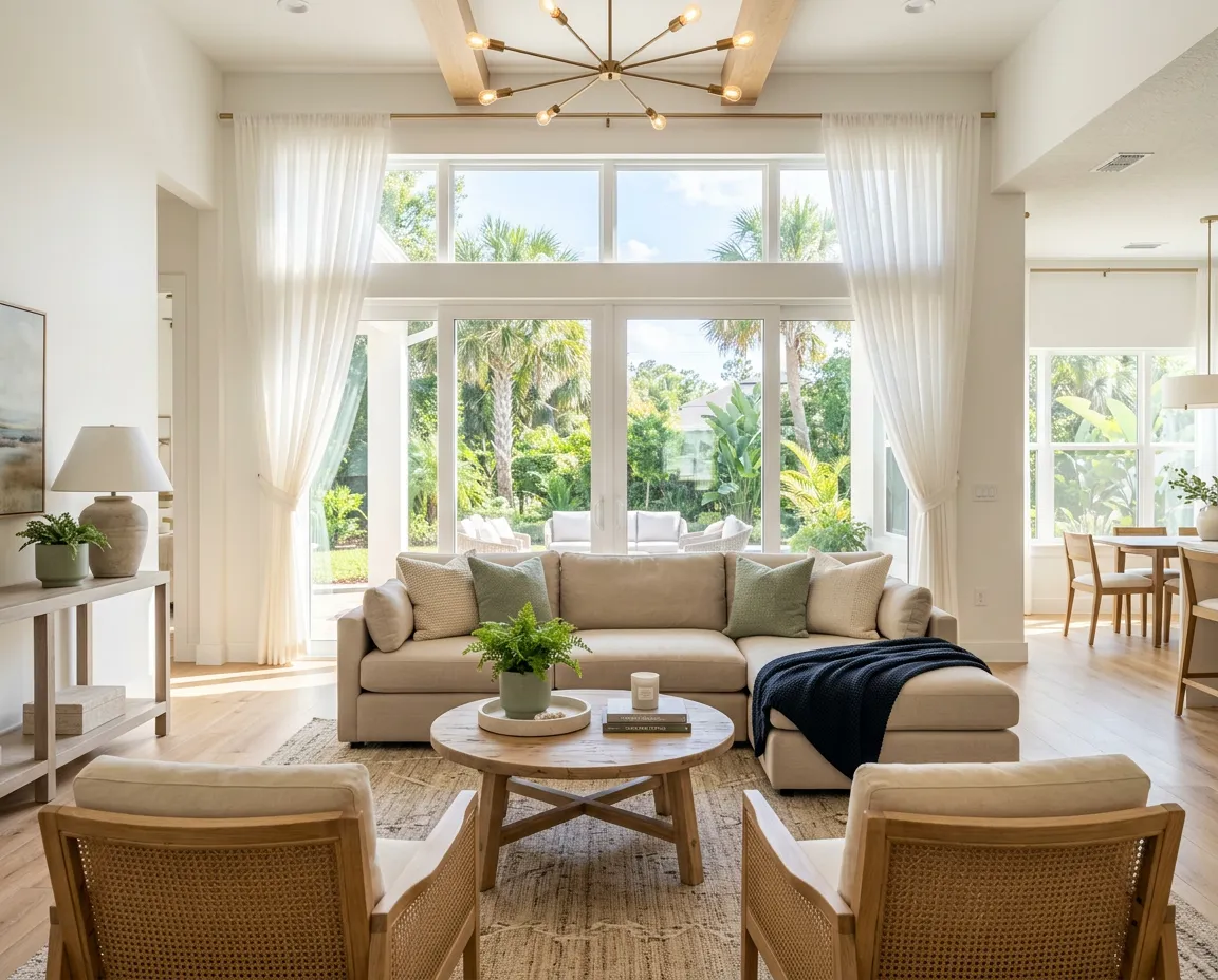 Sunlit living space and curated modern interior of the Orlando retreat