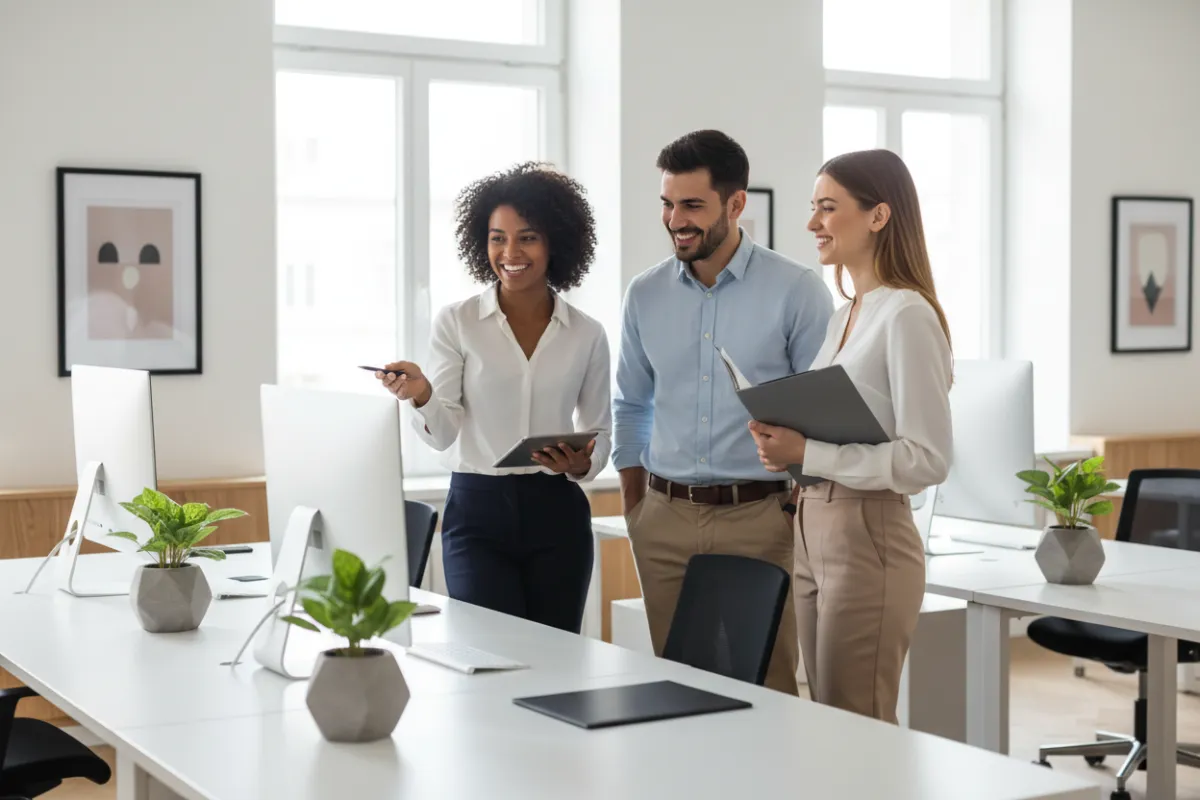 Diverse real estate support team in a bright office, two women and one man, all smiling and wearing business casual attire. The workspace features modern decor, plants, and computers, conveying approachability and professionalism.