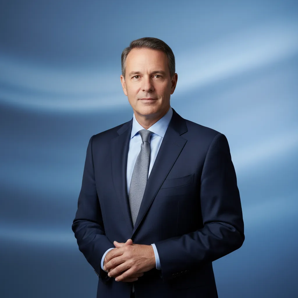 Portrait of a middle-aged entrepreneur with a confident expression, wearing a navy suit, standing in front of a subtle abstract blue gradient background. The lighting is soft and professional, emphasizing approachability and leadership. The image is in a 1:1 aspect ratio.
